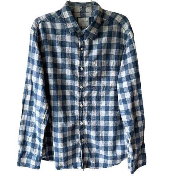 American Eagle Buffalo Plaid Button Down Shirt Cotton Blue Cream Men's L Preppy - Picture 1 of 12
